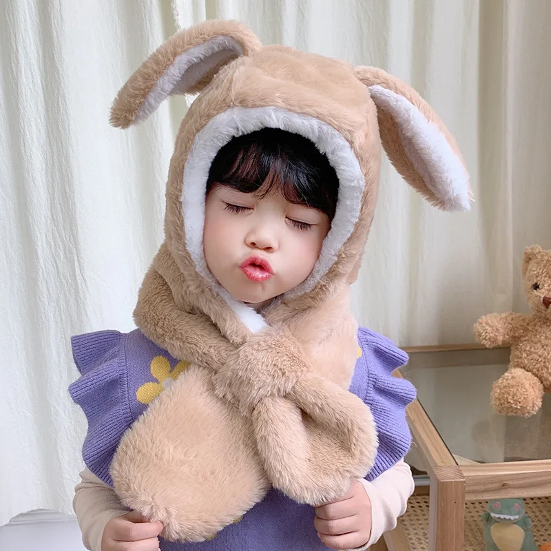 Children's Winter Hat Scarf Gorras Thickened Warm Ear Protector Caps For Girls Boys Cartoon Rabbit Ears Plush Hats Scarves Kids