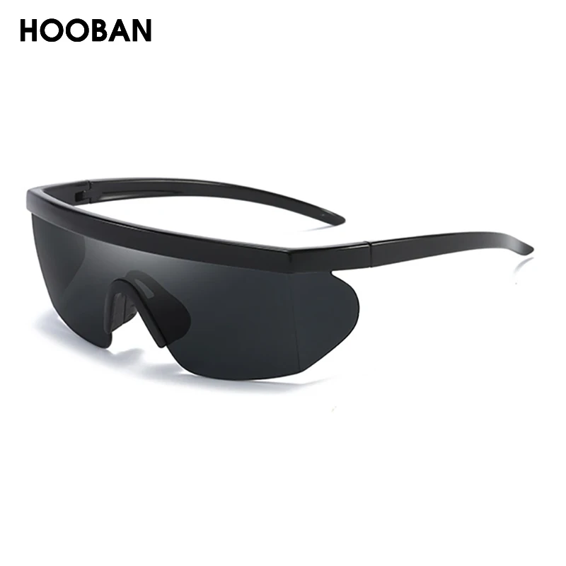 HOOBAN Fashion Flat Top Sunglasses Male Vintage One Piece Lens Sun Glasses Men Luxury Sports Eyewear Windproof  Goggle UV400