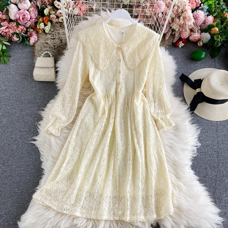 Abito bianco Vintage in pizzo dolce coreano donna Kawaii perline colletto alla Peter Pan abiti eleganti a maniche lunghe da sera da sera