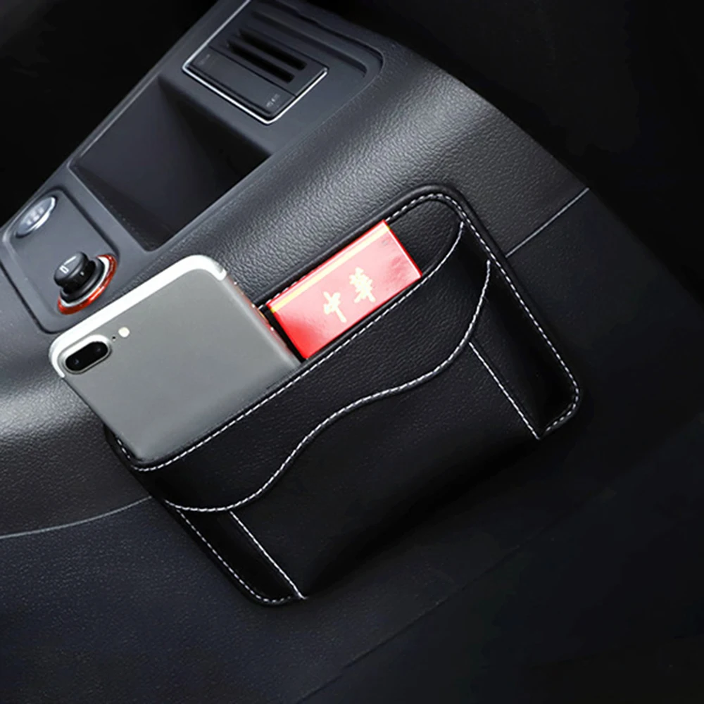 Car Pouch Bags Organizer Universal PU Leather Cards Mobile Phone Collecting Sticky Bag Interior Accessories Car Storage Box