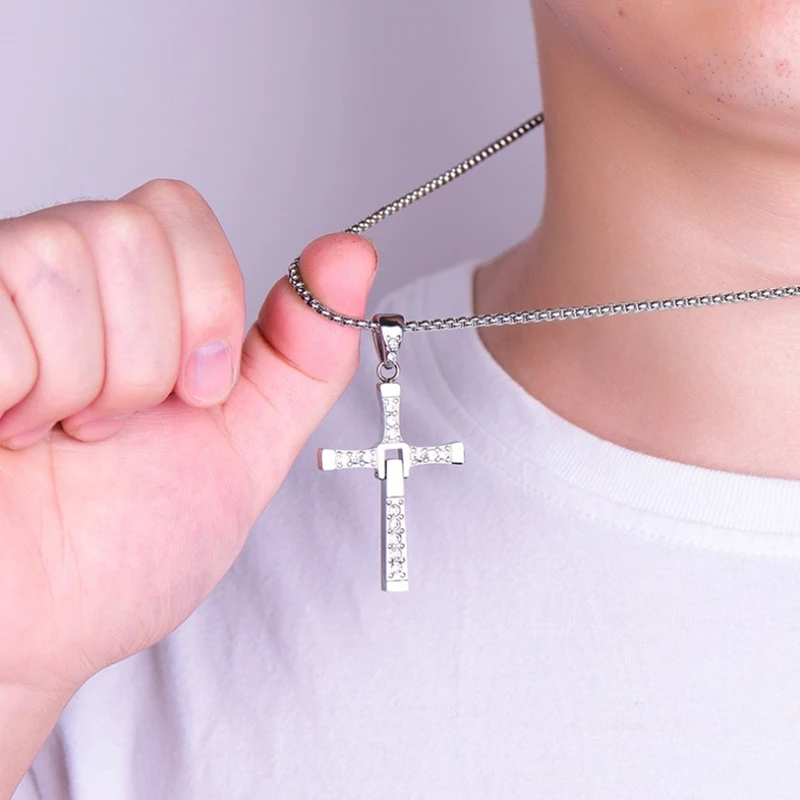 Fast and Furious Cross Necklace Dominic Toretto Cross Rhinestone Pendant Necklace Stainless Steel Necklace for Men Women