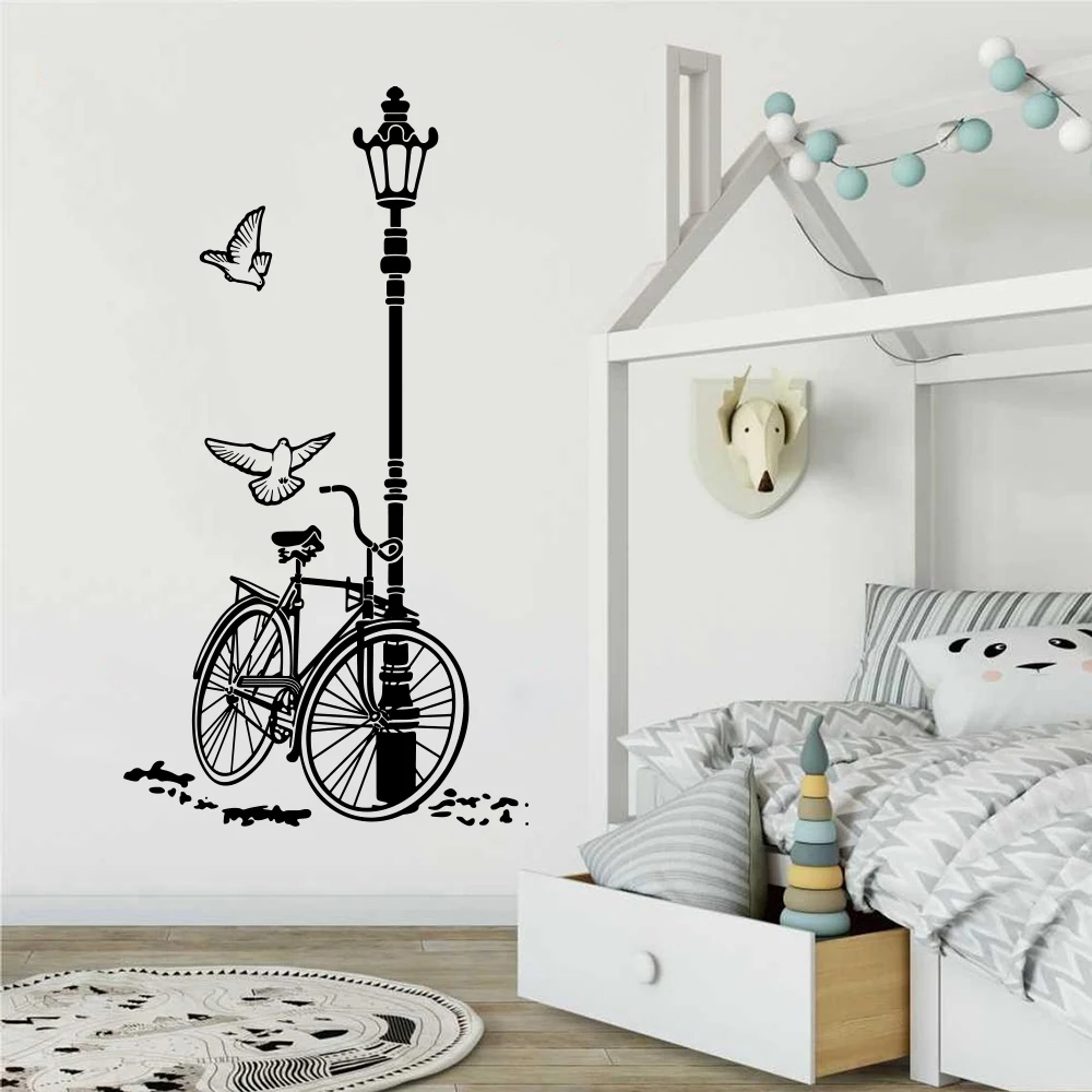 

Modern Street Lamp Bicycle Bird Wall Decal Living Room Urban City Landscape Bike Light Nature Wall Sticker Bedroom Vinyl Decor