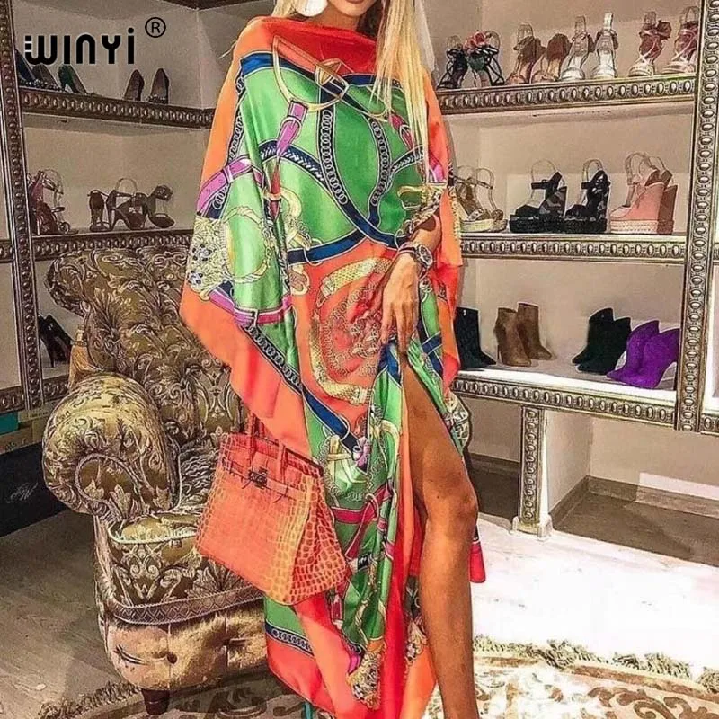 Gaun Wanita Lengan Panjang Rajutan Elegan Kerah Print Blok Warna Atas Ukuran Batwing Panjang 2020 Pakaian Fashion Musim Semi Kaftan