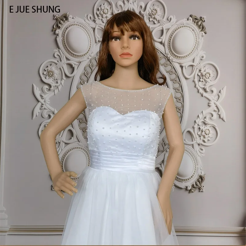 E JUE SHUNG สีขาวไข่มุกชุดแต่งงานสั้น A-Line ลูกไม้ Appliques Lace Up กลับชุดเจ้าสาว Robe De Mariee จริงชุด