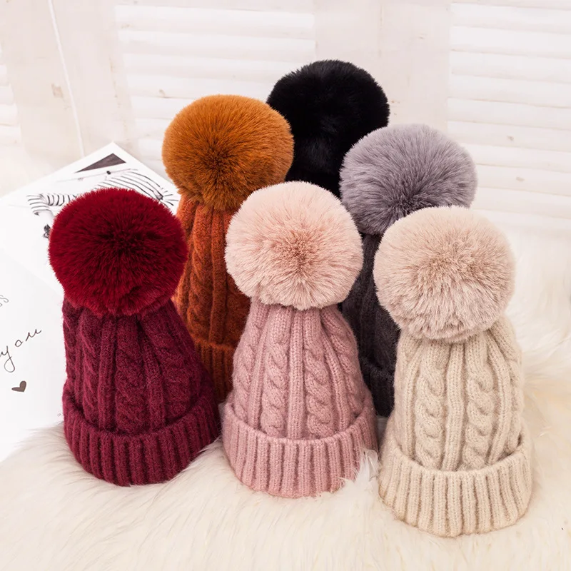 Fashion Knitted Winter Hat Striped Women\'s Winter Hats 2022 Pink Fur Pompom Wool Beanies Thick Skullies Cap Faux Pom pom Hat