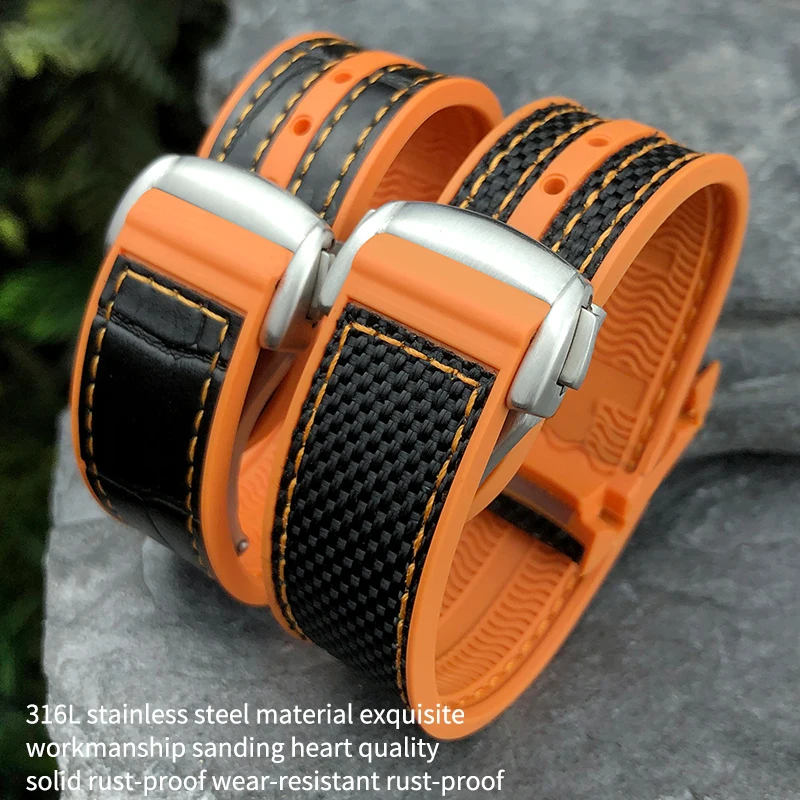 19mm 20mm 21mm 22mm Rubber Nylon Silicone Watch Band Fit for Omega GMT Planet Ocean Seamaster Diver 300 Curved End Orange Strap