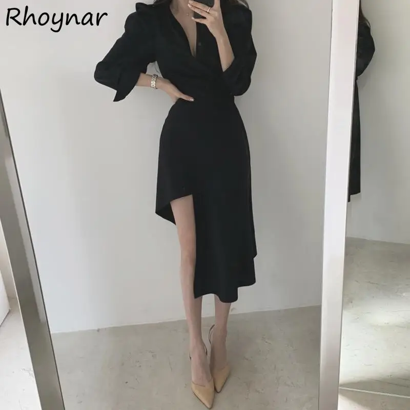 

Long Sleeve Dress Women Turn Down Collar Tunic Asymmetrical Mid-calf Elegant Ladies Casual Party Classic Empire Design Tender