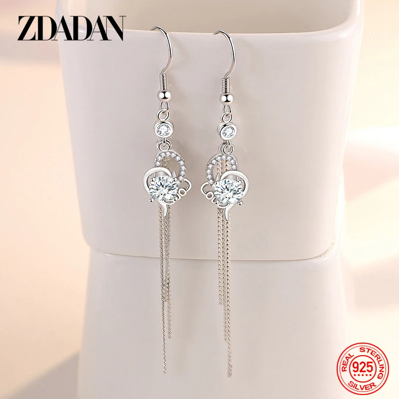 Kolczyki ZDADAN 925 Sterling Silver z podwójnym sercem i cyrkoniami dla kobiet, urocza biżuteria na prezent.