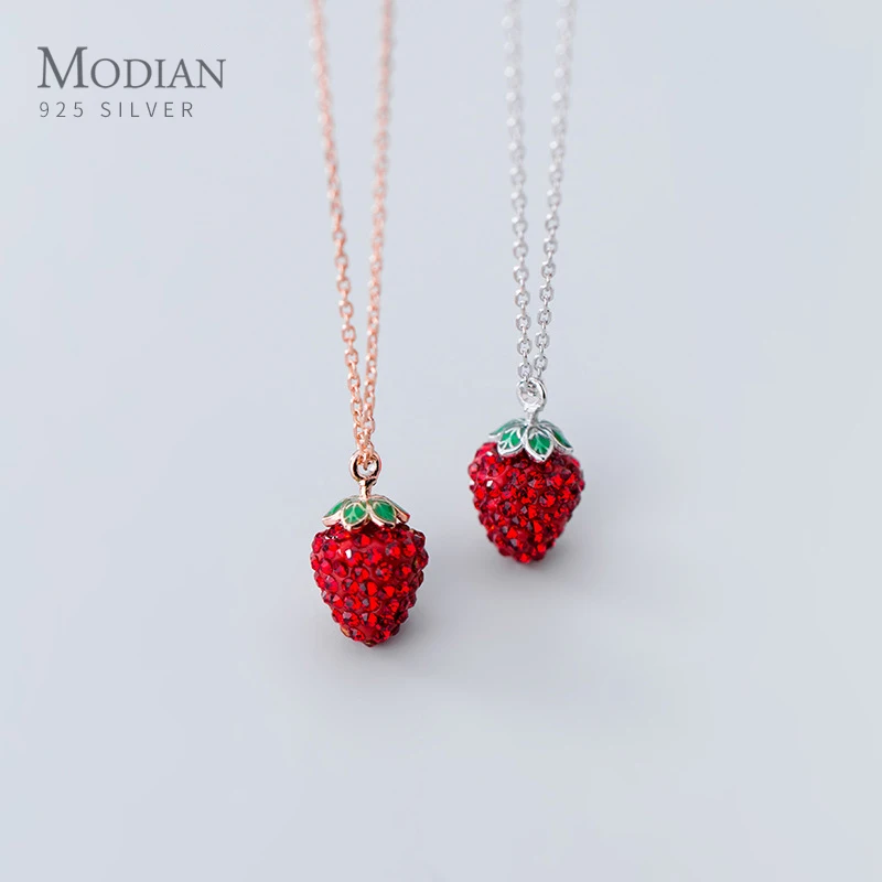 Modian Genuine 925 Sterling Silver Fashion 3D Strawberry Pendant Necklace for Women Crystal Chain Link Necklaces Fine Jewelry