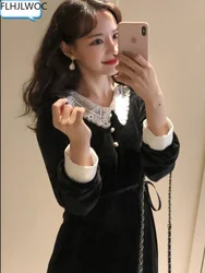 Little Black Dress 2022 Design Women Fashion Long Sleeve Casual Cute Sweet Girls White Lace Patchwork Vintage Midi Velvet Dress