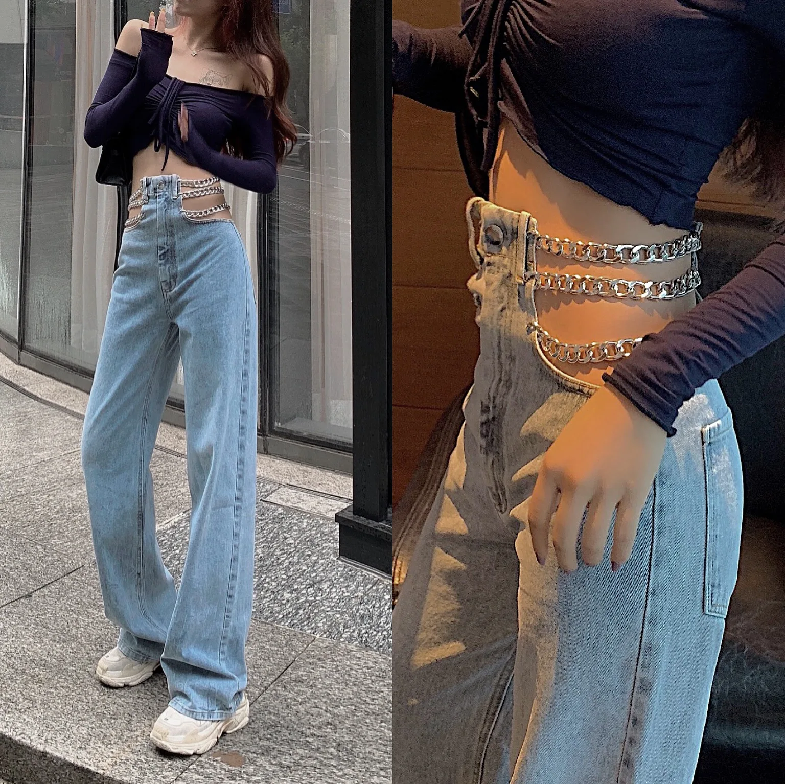 Women Casual Hollow Out Full Length Straight Jeans Female High Waist Chain Patchwork Denim Wide Leg Pant Fashion Clothes New