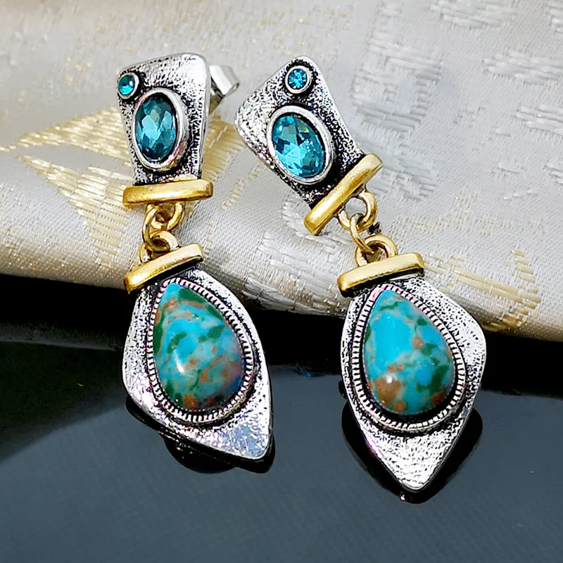 Vintage Tibetan Silver Turquoises Drop Earings Blue Stone Blue Dangle Earrings for Women Boho Brincos Statement Jewelry