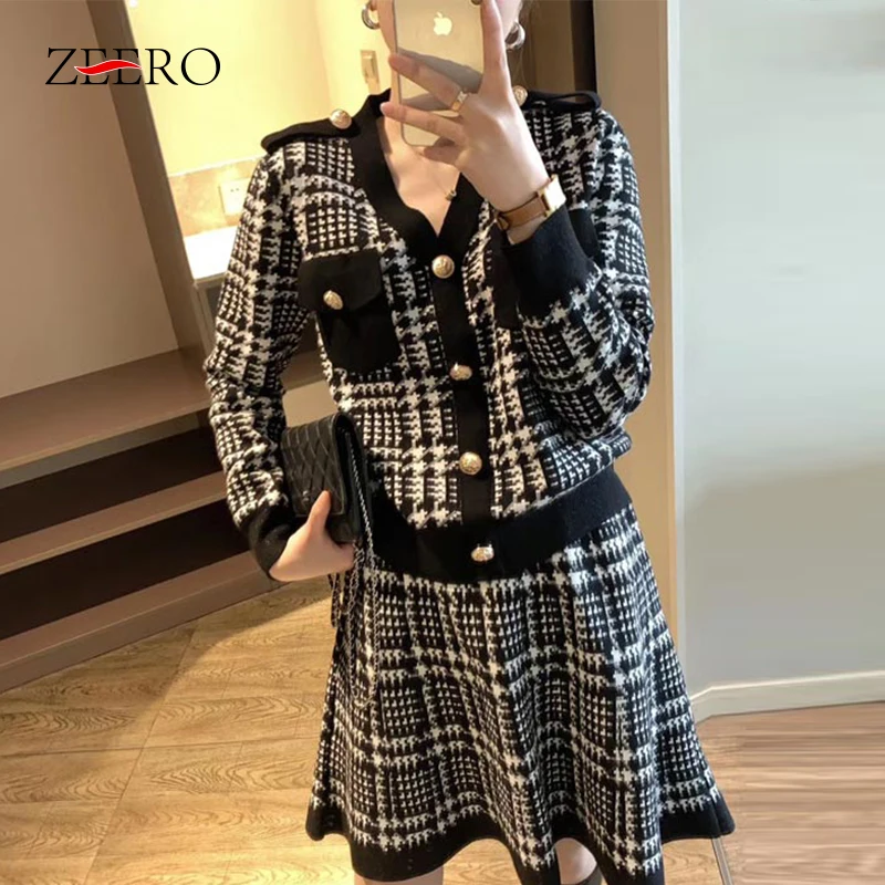  Winter Knitted 2 Piece Sets Women Pockets Striped Short Cardigan Coat + Mini Skirt Set Suit Female Black Outfits Knit Set