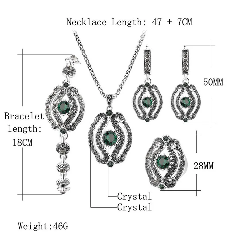 Kinel Hot 4Pcs Vintage Wedding Jewelry Sets Gray Crystal Necklace Earrings Bracelet And Rings For Women Green Stone Bogo Jewelry