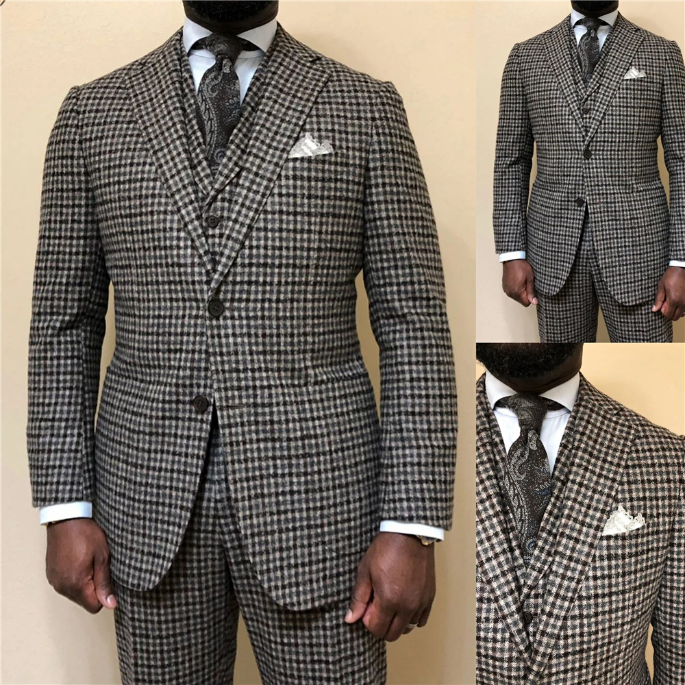 

Vintage Check Men Tuxedos Custom Made Retro Plaid Blazer England Style Party Smart Casual Coat 3 Pieces ( Vest + Pants + Jacket)