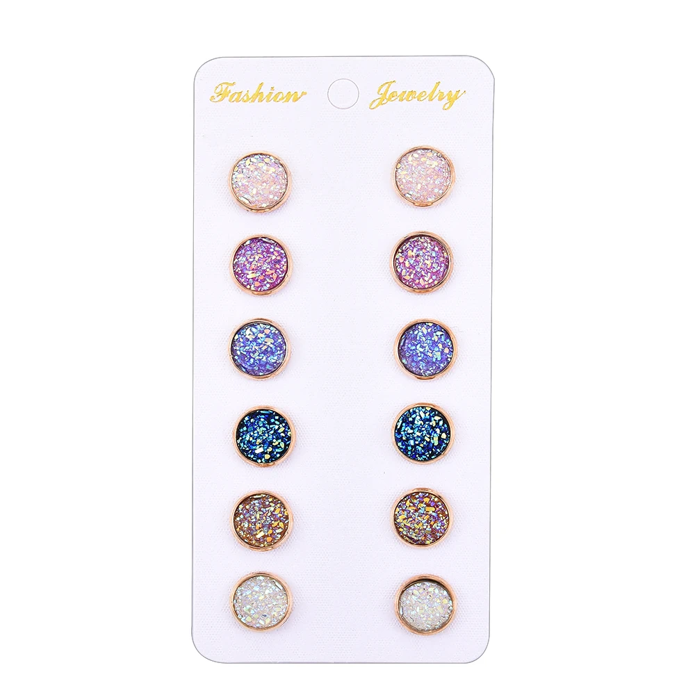 6 Pairs / Lot Colorful Drusy Resin Cabochon Stud Earrings Round Shape Piercing for Women Earrings Set Fashion Jewelry Party Gift