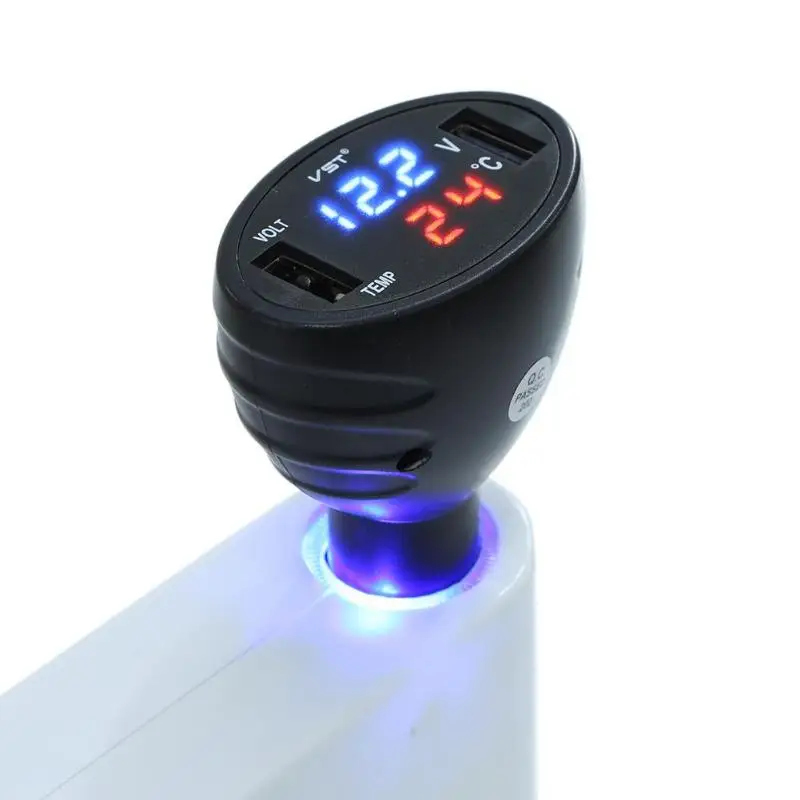 3in1 12V/24V Car Digital Voltmeter Auto Dual USB Car Charger Temperature Volt Meter Gauge