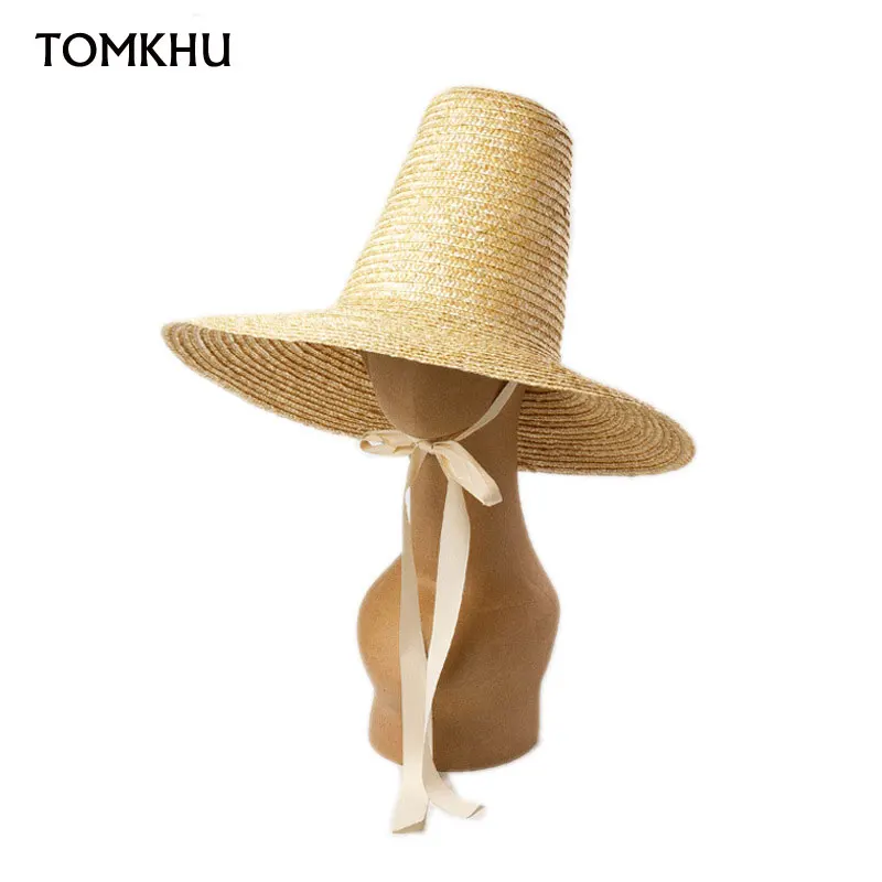 New Elegant Women Straw Hat Vintage Pointed High Wide Brim Sun Hat Casual Natural Wheat Straw Fedoras Ladies Fashion Catwalk Hat