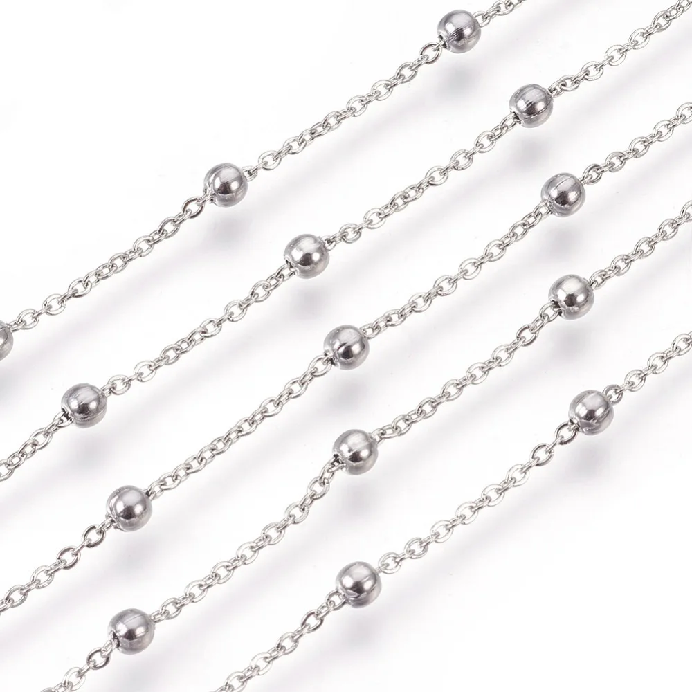 10 m 304 Stainless Steel Soldered Flat Oval Cable Chains with Beads for jewelry making Accessories Stainless Steel Color