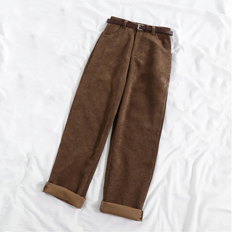 Pantalon en velours côtelé pour femmes, taille haute, Vintage coréen, jambes larges, élégant, ceinture, coton, Streetwear, 2020