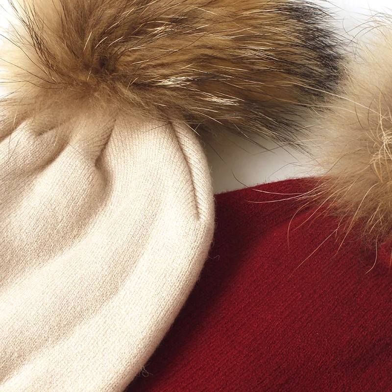 Boys Girls Autumn Winter Baby Hat Wool Skullies Beanies 15cm Real Raccoon Fur Pompom Slouchy Real Fur Warmer Hats