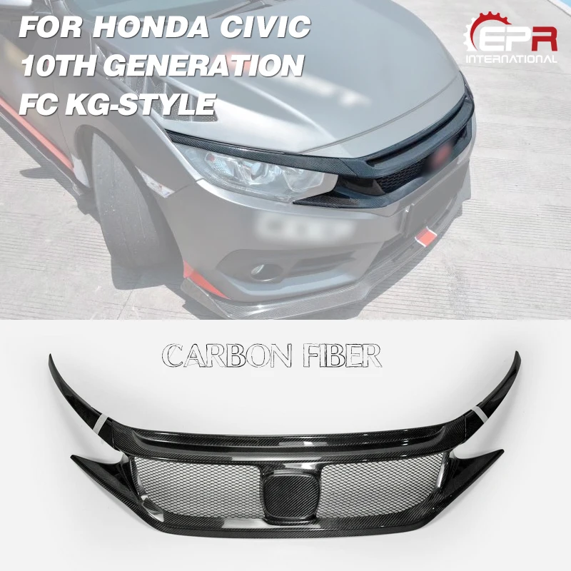 

For Honda 16-18 10th Gen Civic FC KG-Style Carbon Fiber Front Grill Glossy Finish Bumper Grille Set Fibre Drift Grills Cover Kit