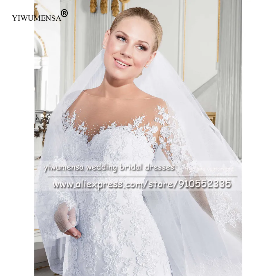 Gaun Pernikahan Putri Duyung Applique Renda 2021 Robe De Mariee Gaun Pengantin Kerucut Tulle Nude Lengan Panjang Leher O Mewah YIWUMENSA