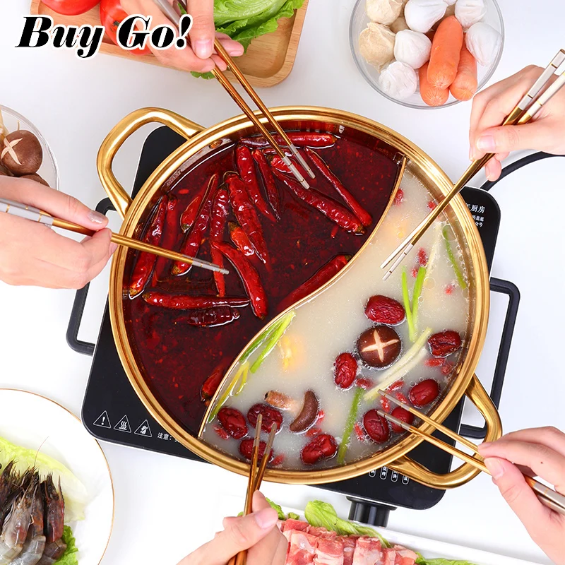 Durable Stainless Steel Copper Hot Pot Compatible Pot Home Kitchen Cookware Soup Table Cooking Pot with Glass Lid Twin Divided