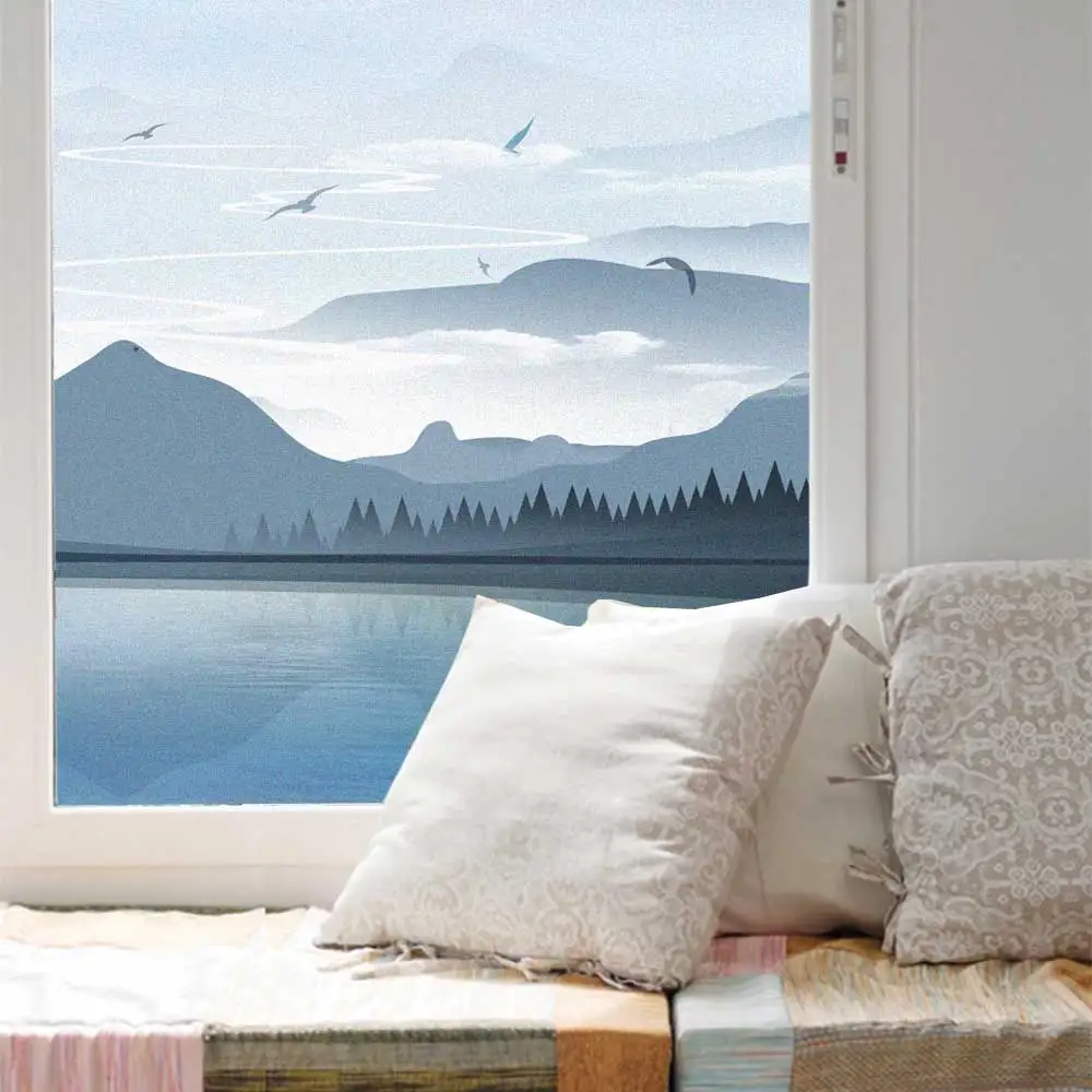 Window Film Privacy Mountain Scenery Frosted Glass Sticker UV Blocking Heat Control  Window Coverings Window Tint for Homedecor