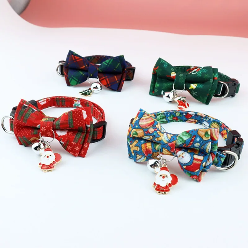 Christmas Cat Collars Cotton Bowknot Necklace With Bell Pet Dog Cat Bulldog Chihuahua Bow Tie Party Bandana Collar