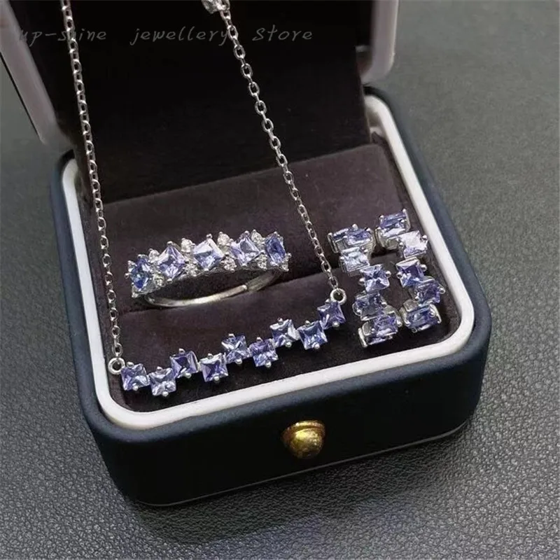 

New women's 925 silver inlaid natural tanzanite ring & earrings & pendant set, exquisite workmanship, fashionable and versatile