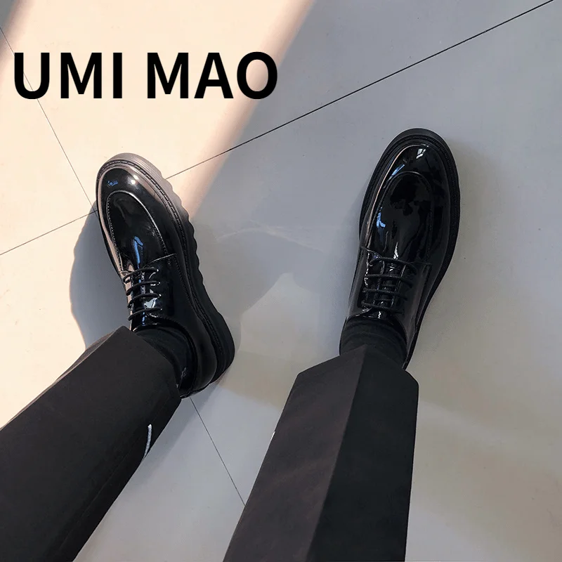 

UMI MAO Korean Bright Leather Men's Shoes Trend New Thick-soled Low-top Shoes Leather British Casual All-match Men Shose Y2K