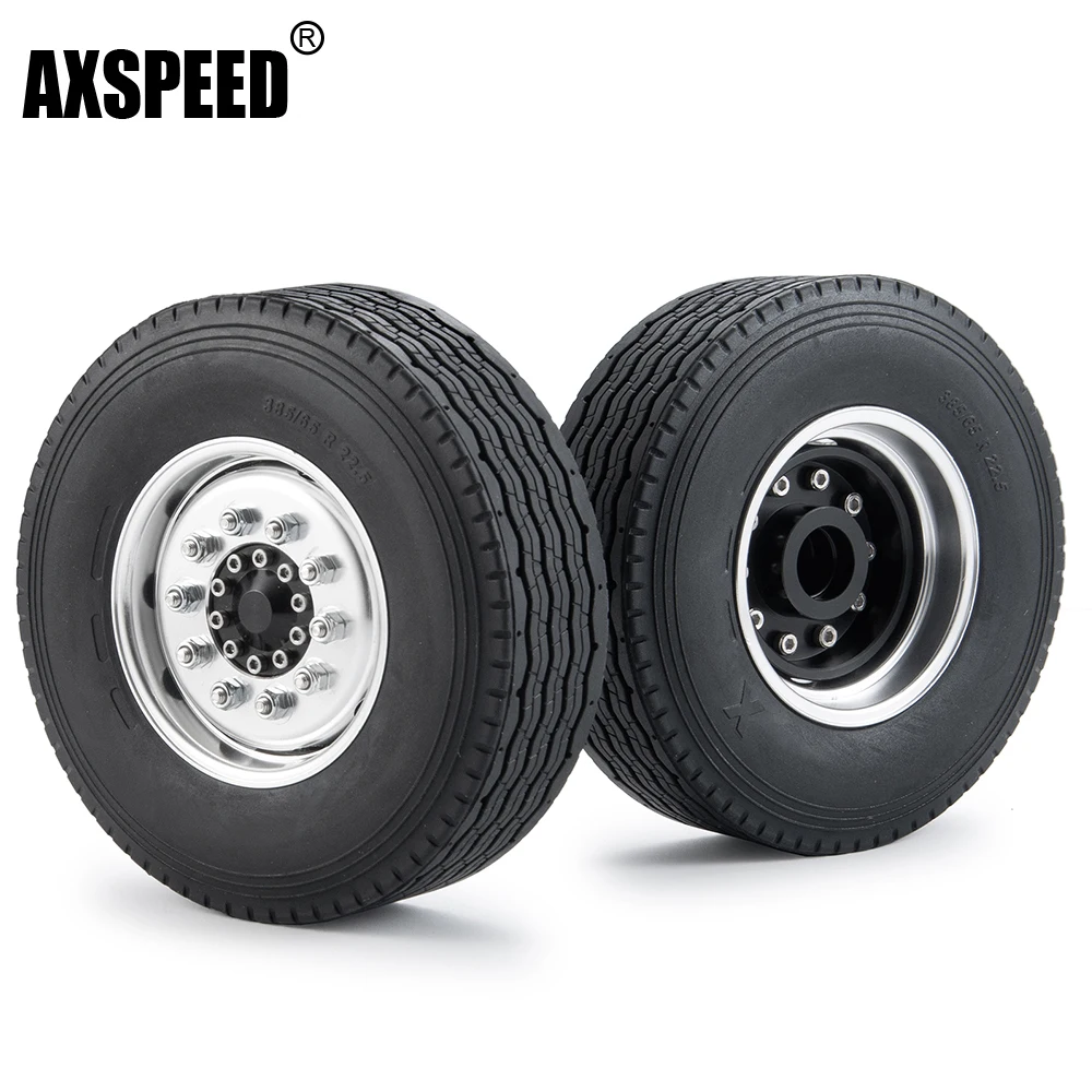 

AXSPEED 2Pcs Metal Alloy Front Wheel Hub Rims with Black Rubber Tires for 1/14 Tamiya RC Trailer Tractor Truck Car Parts