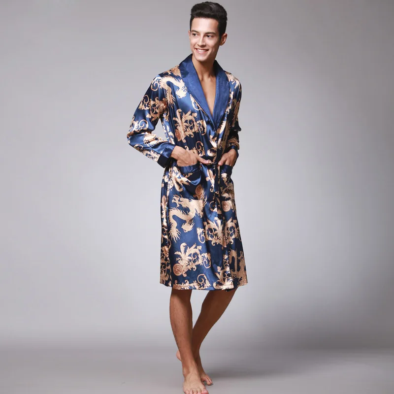 

Stylish Men's Bathrobe Silk Kimono Long Sleeves Robe Chinese Lucky Dragon Print Pajamas Men Gown Bathrobe Men Homewear