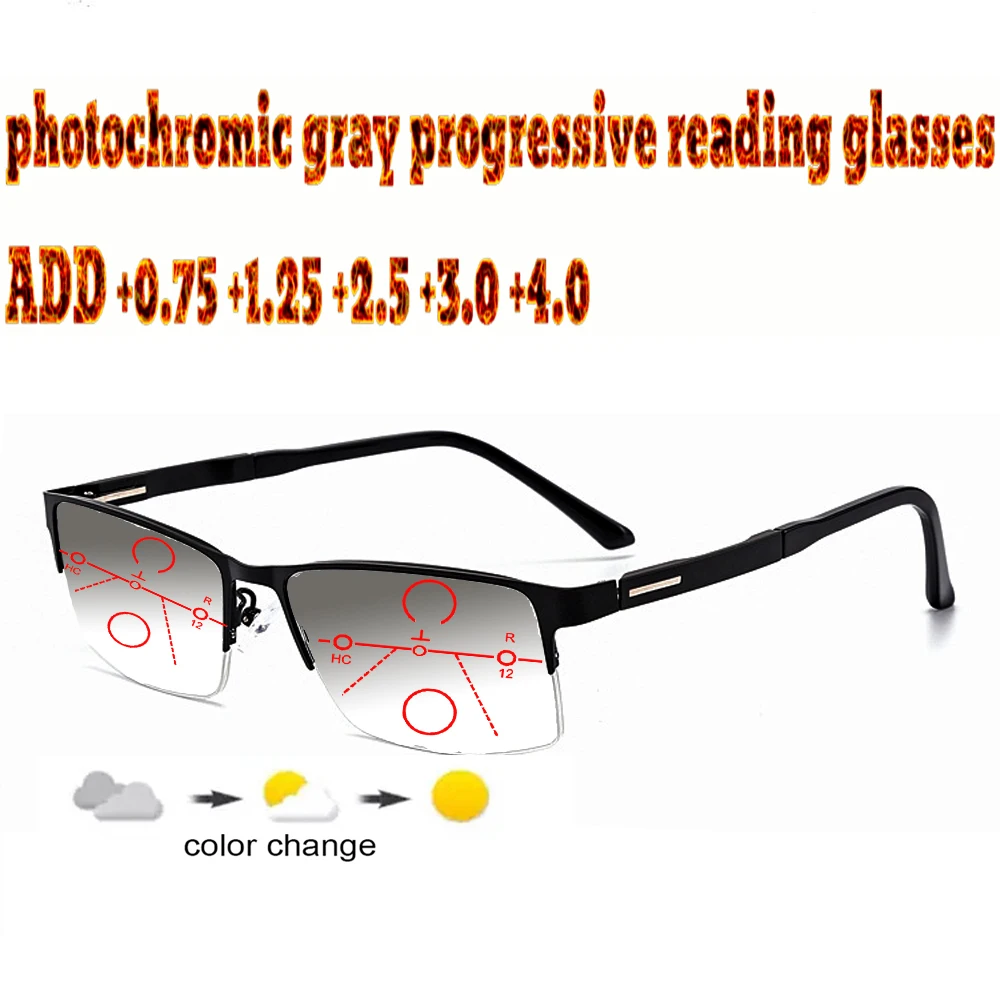 

Photochromic Gray Progressive Multifocal Reading Glasses Business Men Halfrim Frame Tr90 +1.0 +1.5 +1.75 +2.0 +2.5 +3 +3.5 +4