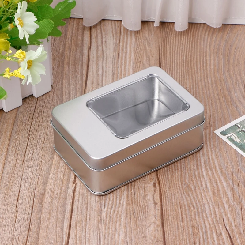 Rectangular Tin Silver Storage Box Case Organizer with Half Clear Window Lid