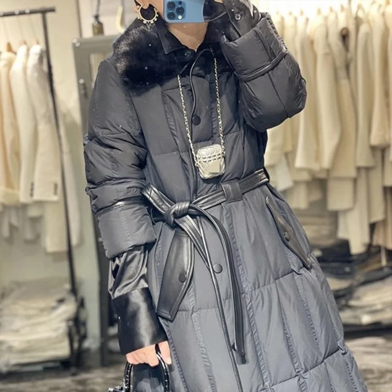 Mink Luxury Fur Collar Splice Down Coat Women Winter Streetwear Thick Warm Medium Long Jacket Sheepskin Single Breasted Outwear