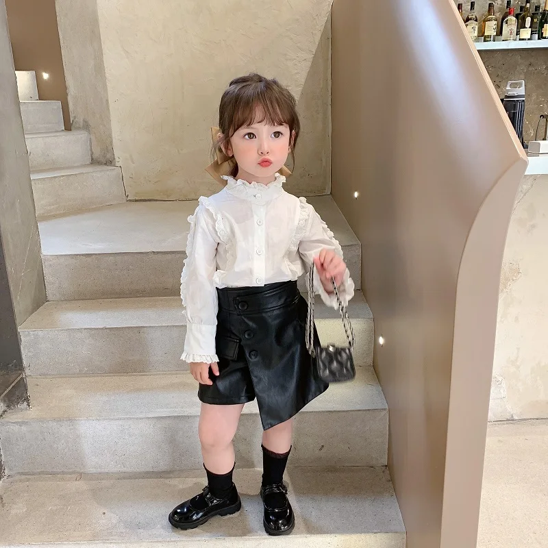 Fashion New Girl PU Leather Skirt Shorts Infant Toddler Child Button Irregular Short Wide Leg Brown Black White Baby Clothes1-7Y