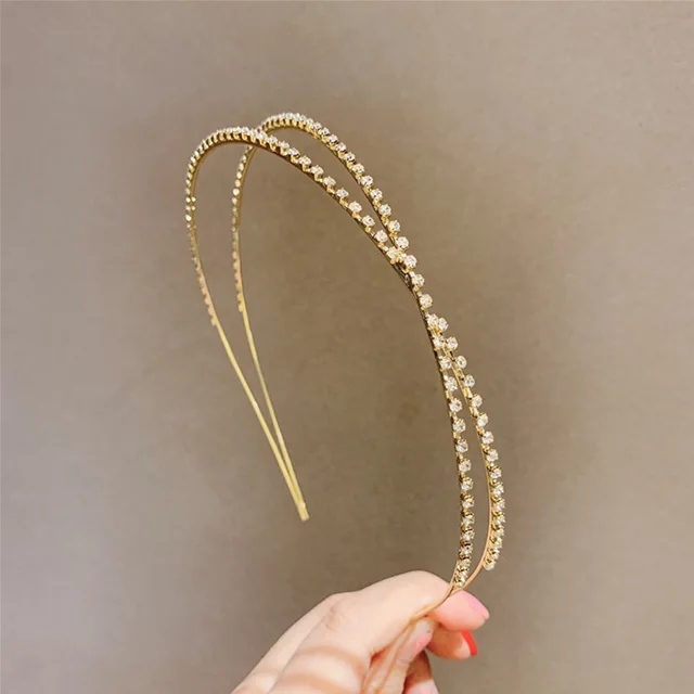 Super cienkie metalowe kryształowe opaski na głowę Hairband nowe błyszczące podwójna warstwa krzyż Rhinestone Alloy akcesoria do włosów Headwrap hurtownia