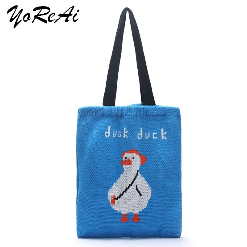 YoReAi Female Cute Cartoon Duck Top-handle Tote Bag Teen Women Winter Vintage Rural Anime Knitting Kawaii Stylish Blue Handbag