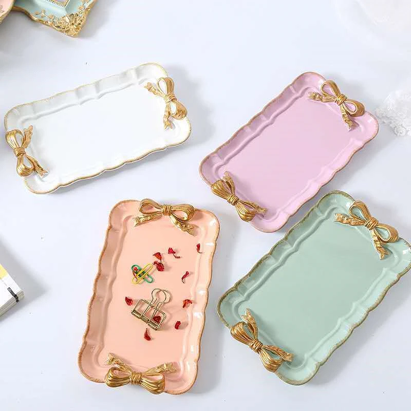 1PC Nordic Creative Resin Bow Tray Cosmetic Fruit Dessert Sundries Storage Plate Cake Snack Tray Home Decorative Dish