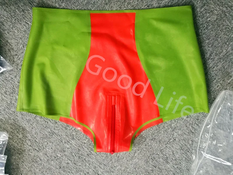 Lencería Sexy para mujer, pantalones cortos de látex, ropa interior exótica de goma, bragas de cintura alta con cremallera en la entrepierna, color negro y rojo