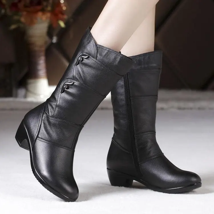 Women\'s Mother Female Ladies Leather Shoes Boots Botas Knee High Zipper Winter Warm Plush Mid Calf Plus Size Mid-calf Snow Boot7