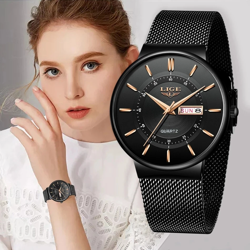 LIGE Women Watches Luxury Brand Ultra-thin Calendar Week Quartz Watch Ladies  Stainless Steel Waterproof Gift reloj muje+Box