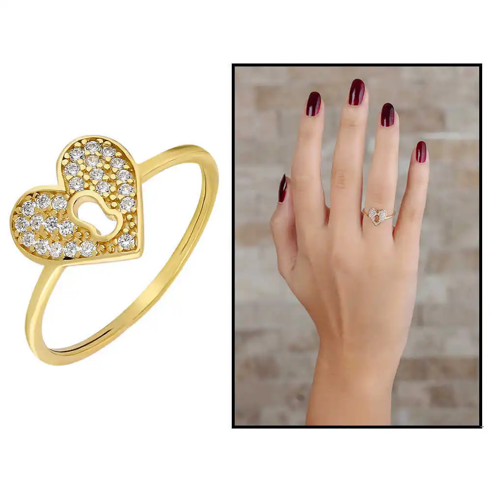 Zircon Stone Heart Lock Design Gold Color 925 Sterling Silver Lady Ring Made in Turkey Real Natural Tasarım