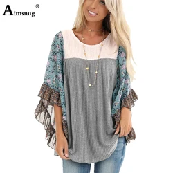 Aimsnug Boho Half-Sleeve Print Splice Women's Sweaters Pullovers O Neck Loose 2022 Casual Autumn New Female knitting Pullovers