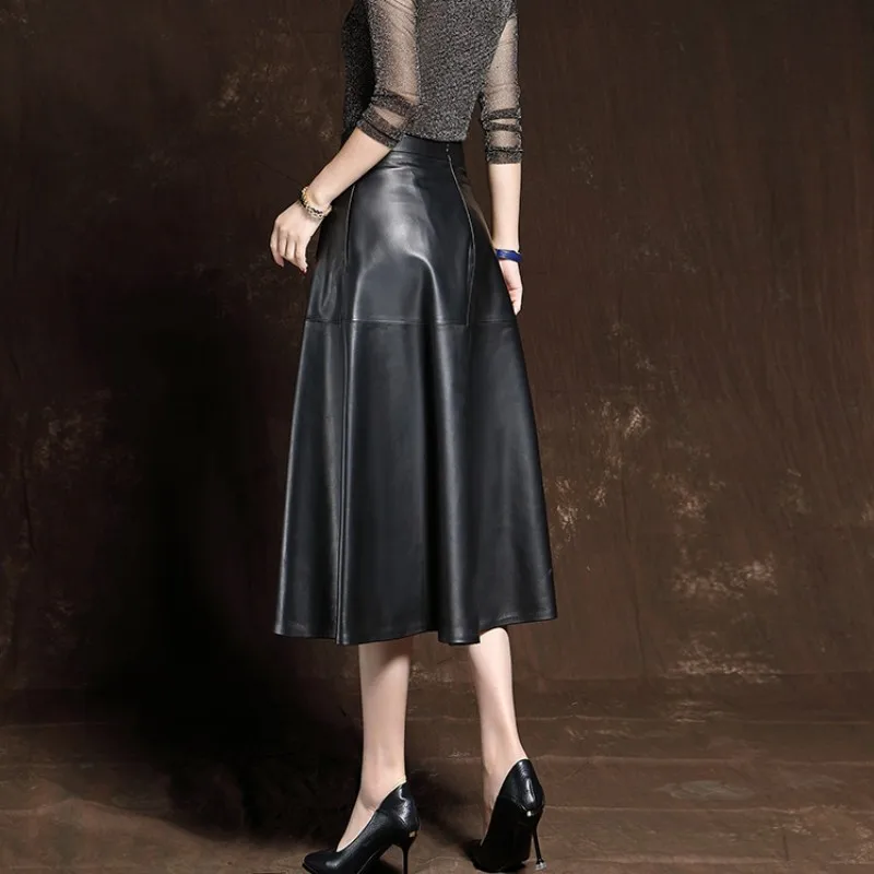 Elegant Ladies Vintage Ball Gown Mid Calf Long Skirt Sheepskin Genuine Leather Skirts New Women High Waist Pleated Skirt