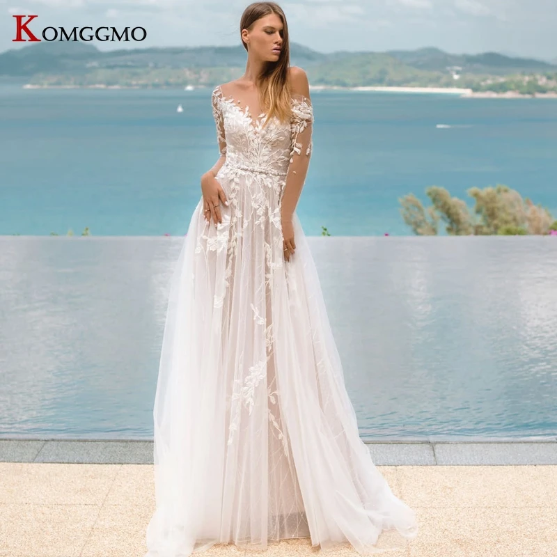 2023 New Arrival Full Sleeve Court Train Embroidery Appliques Tulle Bridal Gown High-End O-Neck Button Back A-Line Wedding Dress