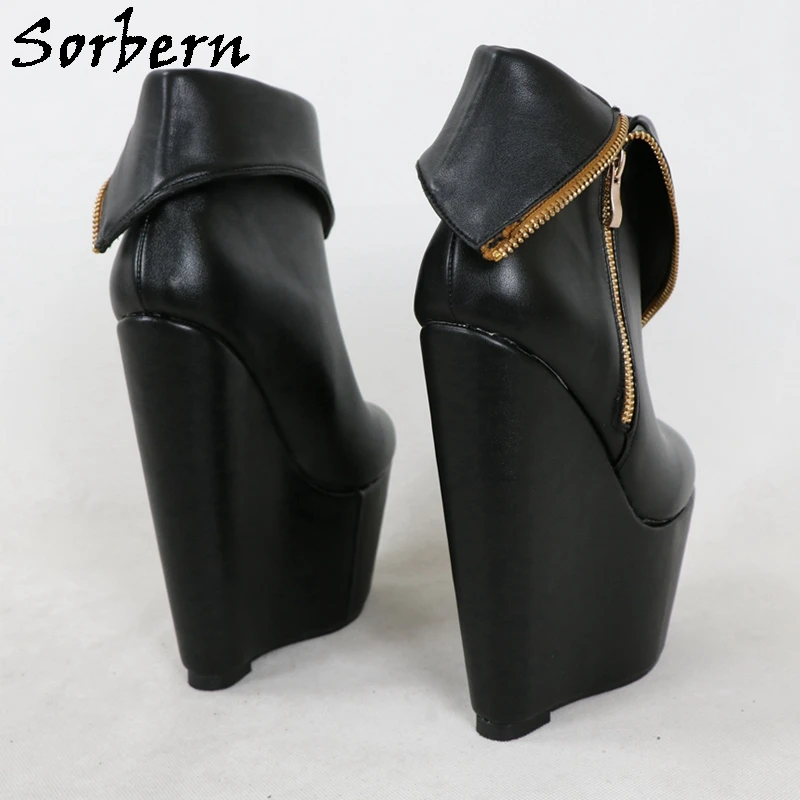 Sorbern Black Matt Ankle Boots Wedges 18Cm High Heel Thick Platform Shoes Zip Up Fall Style Stilettos Customized Booties Size 36