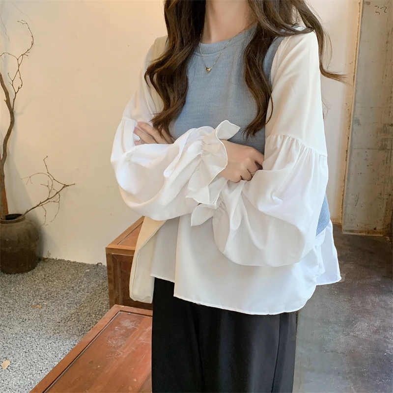 Vintage Korean Fake Two Piece Blouse Women Puff Sleeve Patchwork Blouses Tops Shirt Fashion Blusas Mujer